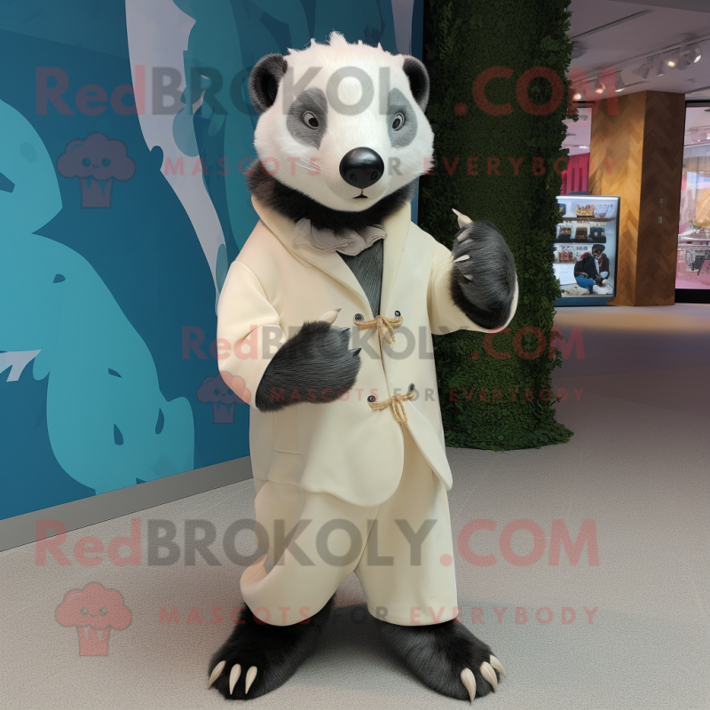 White Badger mascot costume character dressed with a Romper and Clutch bags White Badger mascot costume character dressed with a Romper and Clutch bags