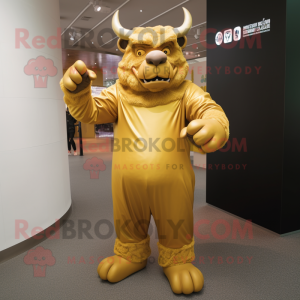 Gold Minotaur mascot costume character dressed with a Overalls and Gloves