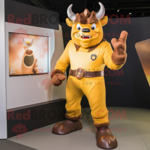 Gold Minotaur mascot costume character dressed with a Overalls and Gloves