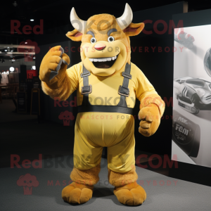 Gold Minotaur mascot costume character dressed with a Overalls and Gloves