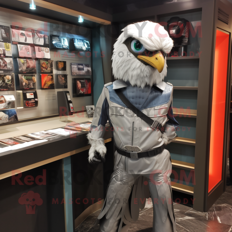 Silver Falcon mascot costume character dressed with a Jacket and Wallets Silver Falcon mascot costume character dressed with a Jacket and Wallets