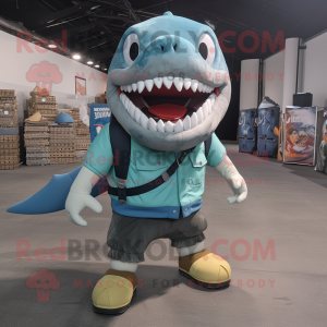 Cyan Megalodon mascot costume character dressed with a Cargo Shorts and Shoe laces