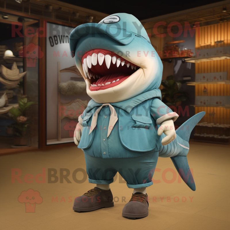 Cyan Megalodon mascot costume character dressed with a Cargo Shorts and Shoe laces Cyan Megalodon mascot costume character dressed with a Cargo Shorts and Shoe laces