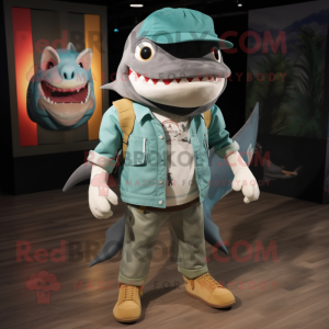 Cyan Megalodon mascot costume character dressed with a Cargo Shorts and Shoe laces