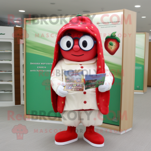 Cream Strawberry mascot costume character dressed with a Parka and Reading glasses