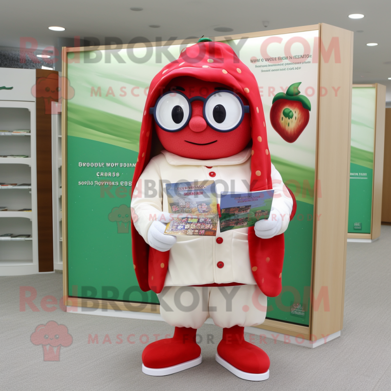 Cream Strawberry mascot costume character dressed with a Parka and Reading glasses Cream Strawberry mascot costume character dressed with a Parka and Reading glasses