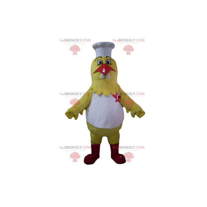 Mascote gigante de galinha amarela vestido como chef -