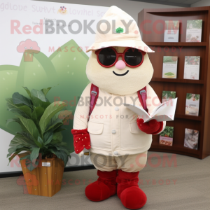 Cream Strawberry mascot costume character dressed with a Parka and Reading glasses