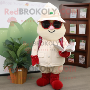 Cream Strawberry mascot costume character dressed with a Parka and Reading glasses