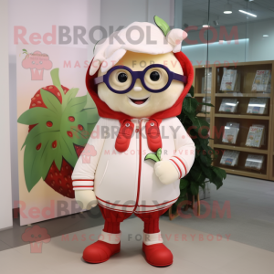 Cream Strawberry mascot costume character dressed with a Parka and Reading glasses