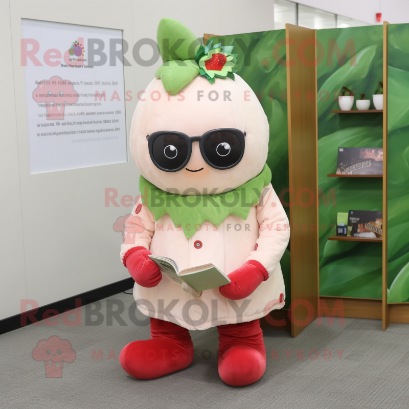 Cream Strawberry mascot costume character dressed with a Parka and Reading glasses