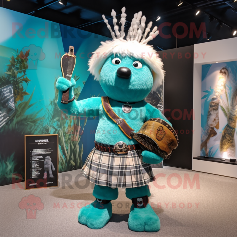 Turquoise Bagpipe mascot costume character dressed with a Bikini and Handbags Turquoise Bagpipe mascot costume character dressed with a Bikini and Handbags