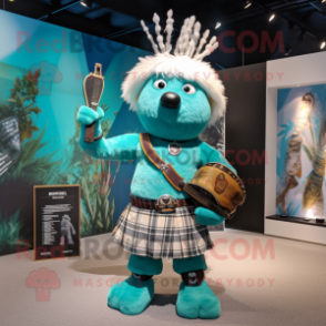 Turquoise Bagpipe mascot costume character dressed with a Bikini and Handbags