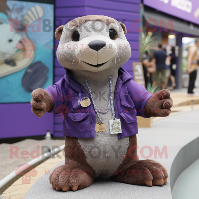 Purple Otter mascot costume character dressed with a Cargo Pants and Necklaces