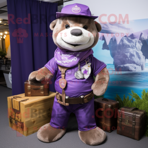Purple Otter mascot costume character dressed with a Cargo Pants and Necklaces