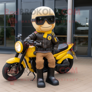 Yellow Special Air Service mascot costume character dressed with a Biker Jacket and Sunglasses