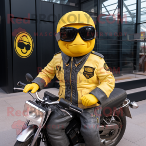 Yellow Special Air Service mascot costume character dressed with a Biker Jacket and Sunglasses