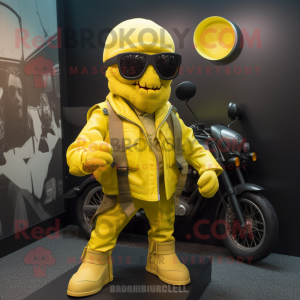 Yellow Special Air Service mascot costume character dressed with a Biker Jacket and Sunglasses