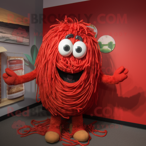 Red Spaghetti mascot costume character dressed with a T-Shirt and Cummerbunds