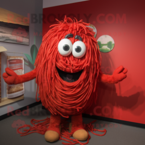 Red Spaghetti mascot costume character dressed with a T-Shirt and Cummerbunds