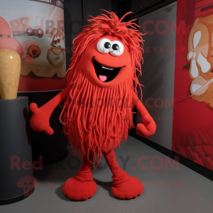 Red Spaghetti mascot costume character dressed with a T-Shirt and Cummerbunds
