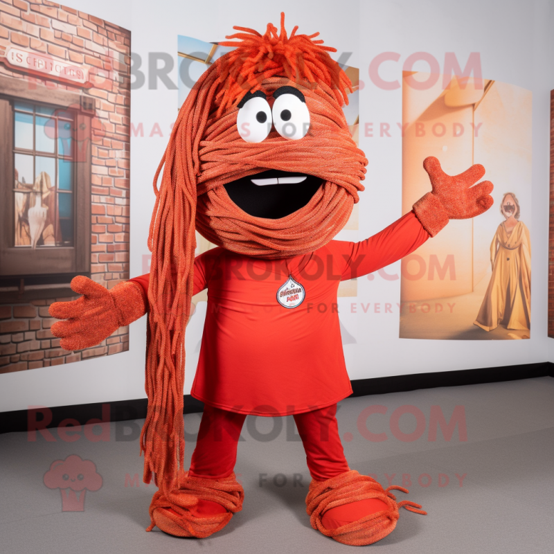 Red Spaghetti mascot costume character dressed with a T-Shirt and Cummerbunds