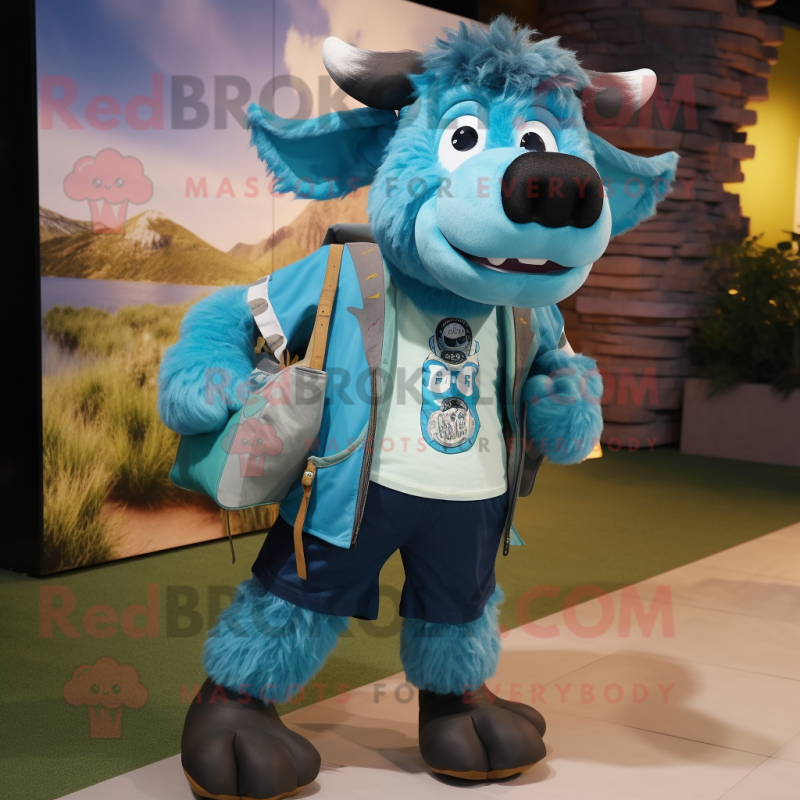 Cyan Buffalo mascot costume character dressed with a Henley Shirt and Backpacks Cyan Buffalo mascot costume character dressed with a Henley Shirt and Backpacks