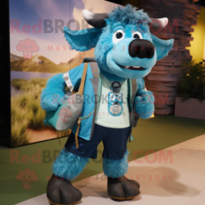 Cyan Buffalo mascot costume character dressed with a Henley Shirt and Backpacks