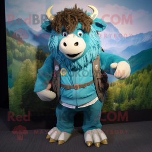 Cyan Buffalo mascot costume character dressed with a Henley Shirt and Backpacks