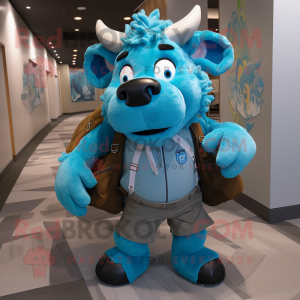 Cyan Buffalo mascot costume character dressed with a Henley Shirt and Backpacks