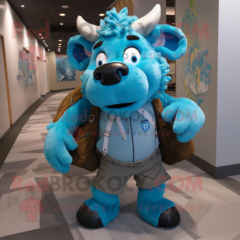 Cyan Buffalo mascot costume character dressed with a Henley Shirt and Backpacks Cyan Buffalo mascot costume character dressed with a Henley Shirt and Backpacks