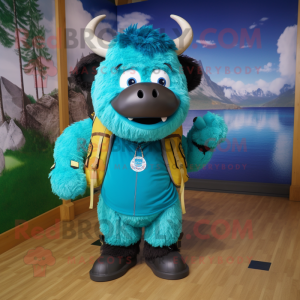 Cyan Buffalo mascot costume character dressed with a Henley Shirt and Backpacks