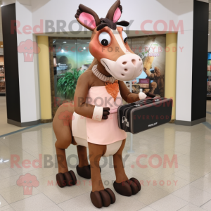 Peach Okapi mascot costume character dressed with a Sheath Dress and Messenger bags