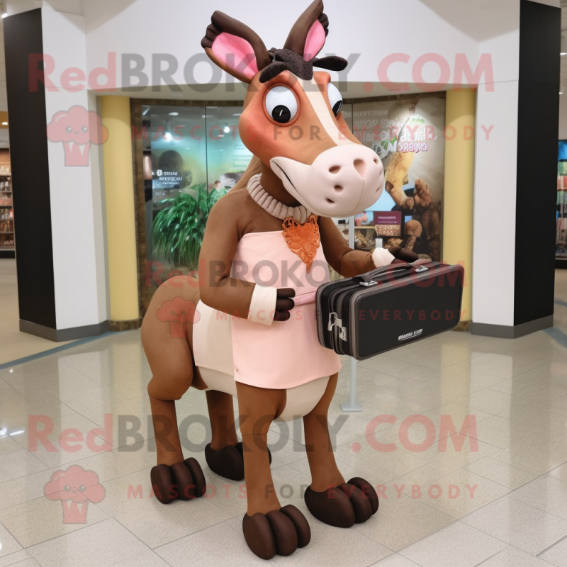 Peach Okapi mascot costume character dressed with a Sheath Dress and Messenger bags Peach Okapi mascot costume character dressed with a Sheath Dress and Messenger bags