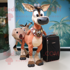 Peach Okapi mascot costume character dressed with a Sheath Dress and Messenger bags