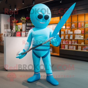 Cyan Knife Thrower mascot costume character dressed with a Swimwear and Bow ties