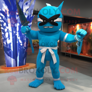 Cyan Knife Thrower mascot costume character dressed with a Swimwear and Bow ties