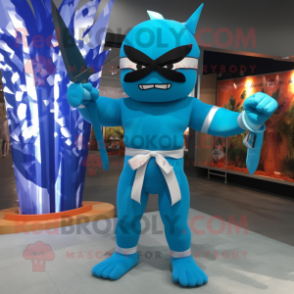 Cyan Knife Thrower mascot costume character dressed with a Swimwear and Bow ties