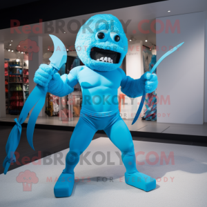 Cyan Knife Thrower mascot costume character dressed with a Swimwear and Bow ties