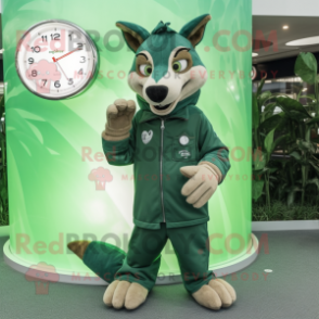 Forest Green Dingo mascot costume character dressed with a Long Sleeve Tee and Digital watches