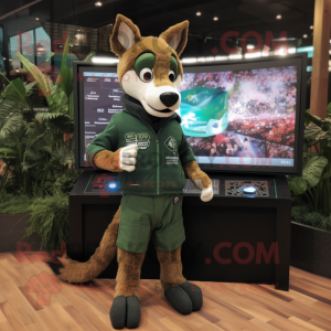 Forest Green Dingo mascot costume character dressed with a Long Sleeve Tee and Digital watches