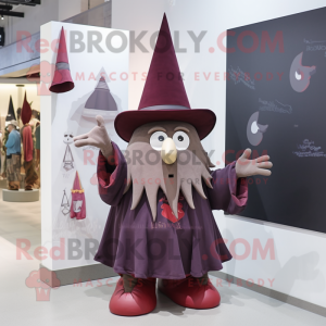 Maroon Witch'S Hat mascot costume character dressed with a Poplin Shirt and Hair clips