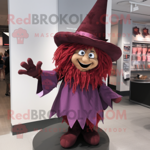 Maroon Witch'S Hat mascot costume character dressed with a Poplin Shirt and Hair clips