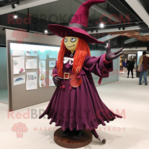 Maroon Witch'S Hat mascot costume character dressed with a Poplin Shirt and Hair clips