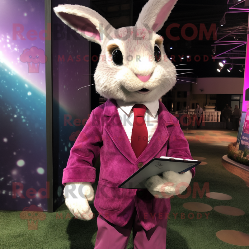 Magenta Wild Rabbit mascot costume character dressed with a Dress Shirt and Tie pins Magenta Wild Rabbit mascot costume character dressed with a Dress Shirt and Tie pins