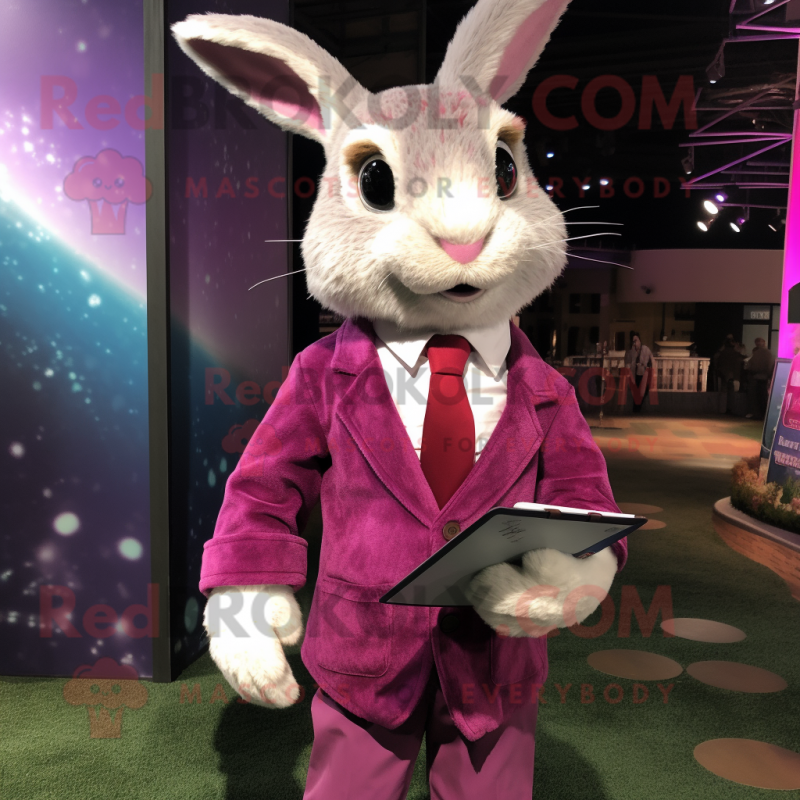 Magenta Wild Rabbit mascot costume character dressed with a Dress Shirt and Tie pins