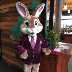 Magenta Wild Rabbit mascot costume character dressed with a Dress Shirt and Tie pins