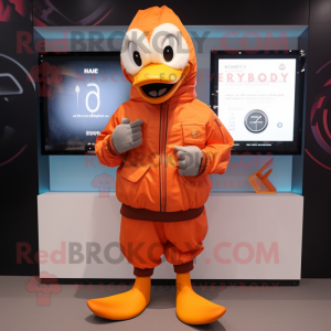 Orange Geese mascot costume character dressed with a Hoodie and Digital watches