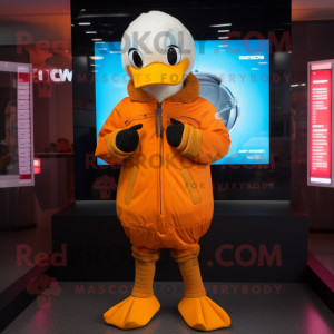 Orange Geese mascot costume character dressed with a Hoodie and Digital watches