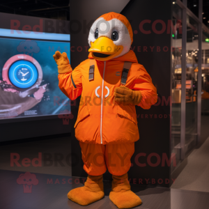 Orange Geese mascot costume character dressed with a Hoodie and Digital watches